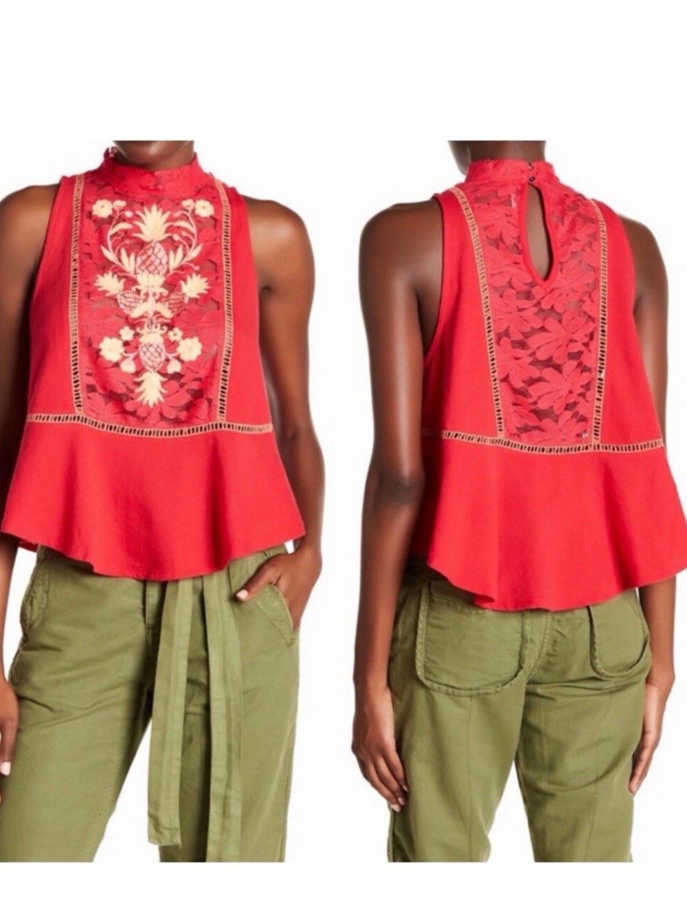 Free People Boho Cottagecore Pineapple Lace Embroidered Flora Swing Tank Top - Picture 2 of 8